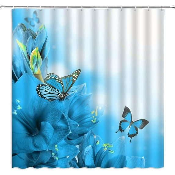 Flower Butterfly Shower Curtain Blue Butterflies Floral Dream Spring Blossom Plant Beautiful Animal Wings Nature Garden Scene Home Decor Fabric Bathroom Set with Hooks(36" WX70 H)