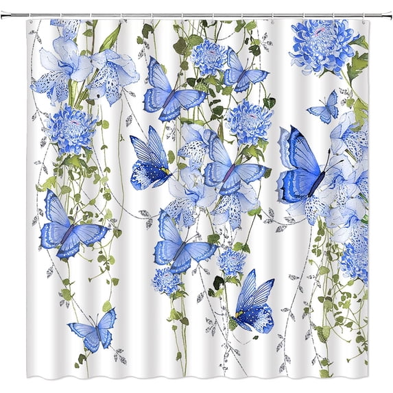 Flower Butterfly Shower Curtain Blue Floral Watercolor Butterflies Fantasy Lilac Spring Nature Garden Plant Girls Bathroom Decor Fabric Home with Hooks,(84" Wx72 H)