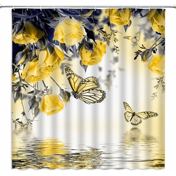 Flower Butterfly Shower Curtain Yellow Rose Floral Wings Water Reflection Spring Spa Lake Natural Scenery Woman Fantasy Fabric Bathroom Decor Set with Hooks（70" WX70 H）
