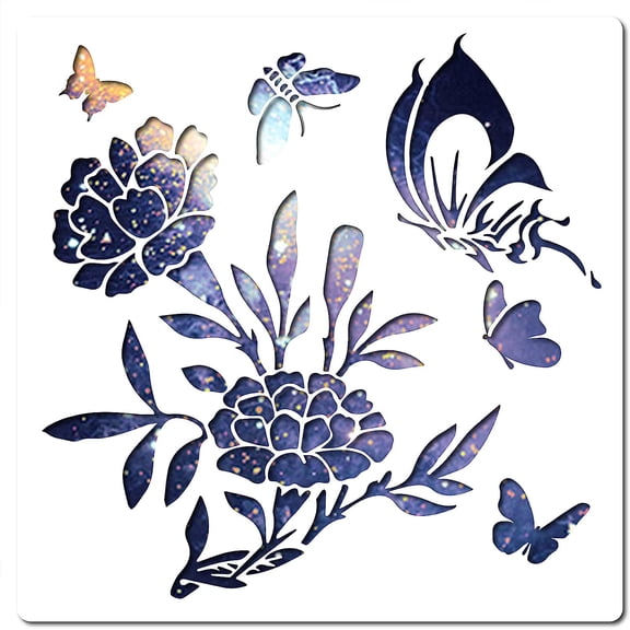 Flower Butterfly Stencil Large Reusable Summer Template 11.8x11.8 Inch Leaf Drawing Sign for Painting on Wood Wall Scrapbook Card Floor Drawing White DIY
