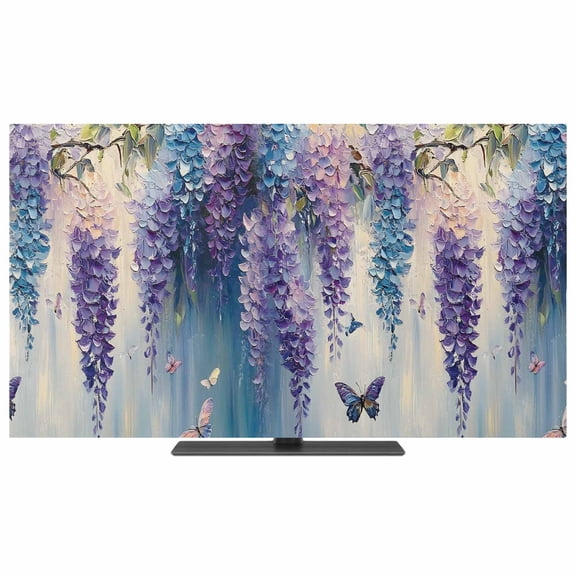 Flower Butterfly TV Dust Cover,Stretchable TV Screen Desktop Computer Protector Cover,Blue Purple Spring Oil Painting Floral Television Dustproof Slipcover for 19–24 Inch Flat or Curved TVs