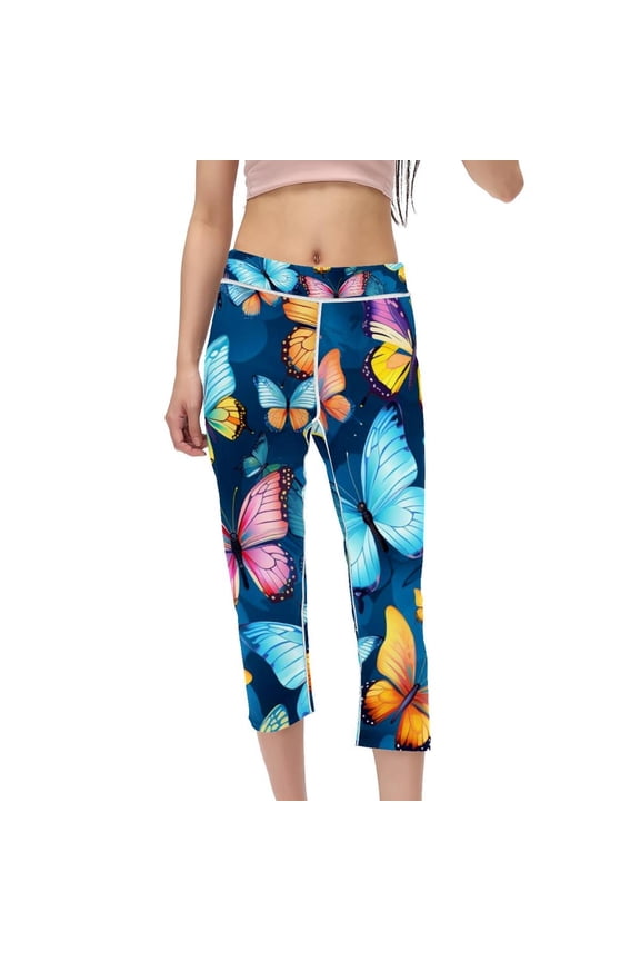 Flower Butterfly Women's High Waist Capris Compression Leggings, Non-See-Through Printed Pants for Running, Fitness, Yoga - Gym Leggings for Women