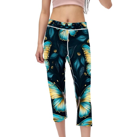 Flower Butterfly Women's High Waist Capris Compression Leggings, Non-See-Through Printed Pants for Running, Fitness, Yoga