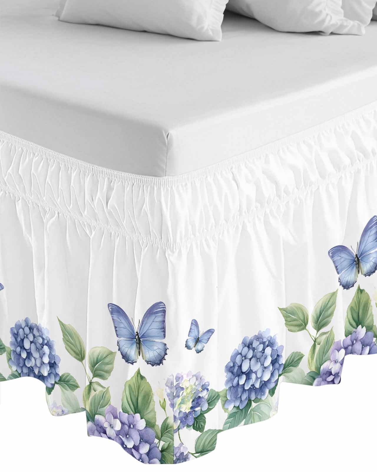 Flower Butterfly Wrap Around Bed Skirts for King Bed 18" Drop, Bed Skirt with Adjustable Elastic Belt Dust Ruffle Bed Valance for Bedroom Hotel Luxury Blue Purple Watercolor Wilflower Bed Frame Cover