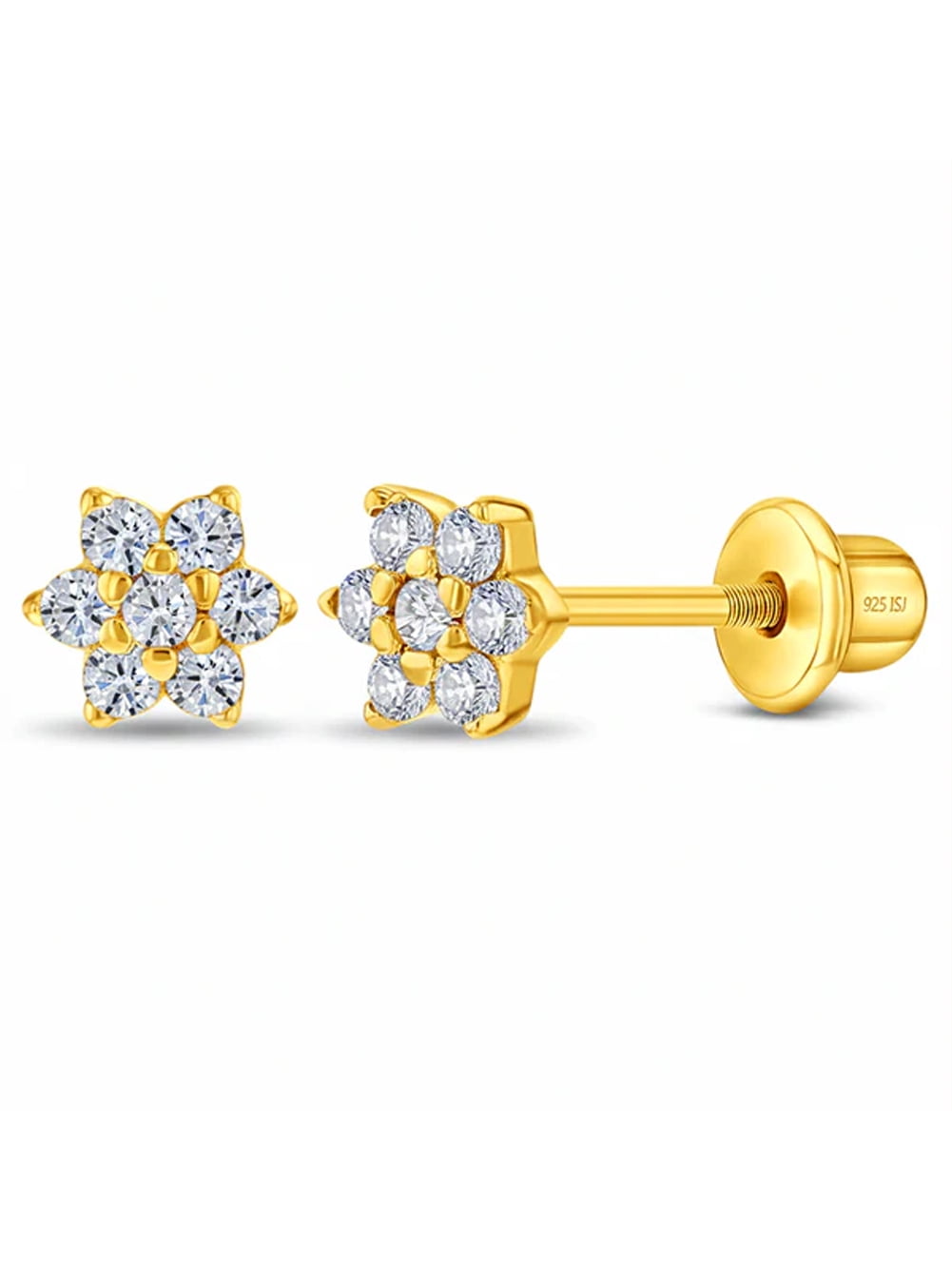 Flower CZ Clear Kids Earrings Screw Back - Sterling Silver Gold Plated