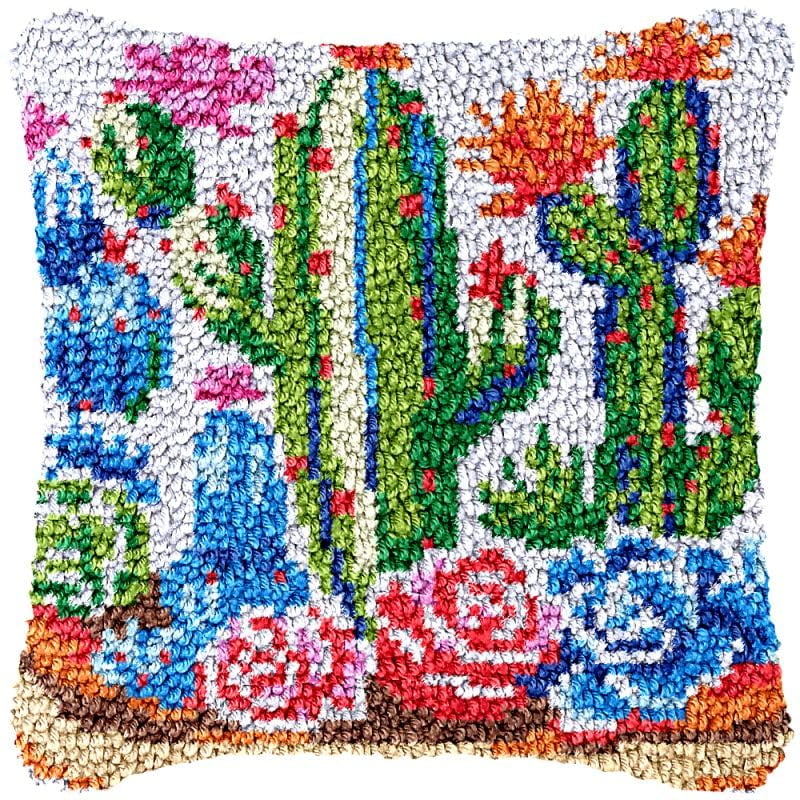 Flower Cactus Latch Hook Pillow Cover Kits for DIY Handmade Throw Pillow Cross Stitch Latch Hook Pillowcase Rug Kits with Preprinted Color Pattern Canvas Crochet Yarn Kits 17''X 17''(fv150)