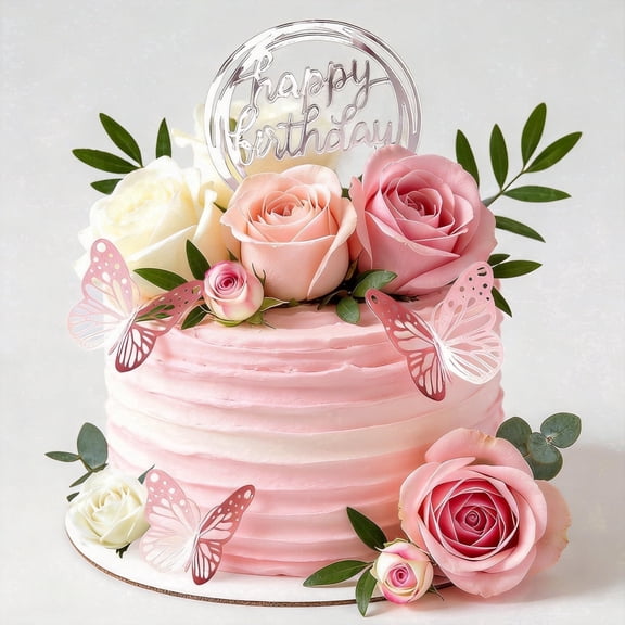 Flower Cake Toppers 27 Pcs Boho Style Artificial Pink Roses Butterflies Balls Cake Decorations Set for Wedding Birthday Baby Shower Party Supplies