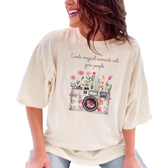 Flower Camera Graphic Tee, Create Magical Moments T-Shirt, Vintage Camera Floral Design, Gift for Photographers Shirt, Ivory Comfort Colors T-Shirt, XL