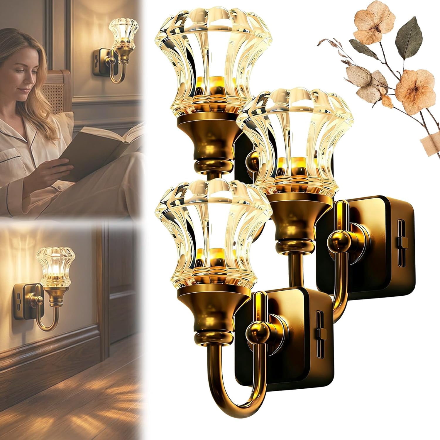 Flower Candle LED Plug in Night Light, 2026 New Vintage Night Lights Plug Into Wall - Retro Soft Warm Decorative Nightlight for Bedroom, Bathroom, Hallway, Stairway, Indoor Home Decor (3PCS)