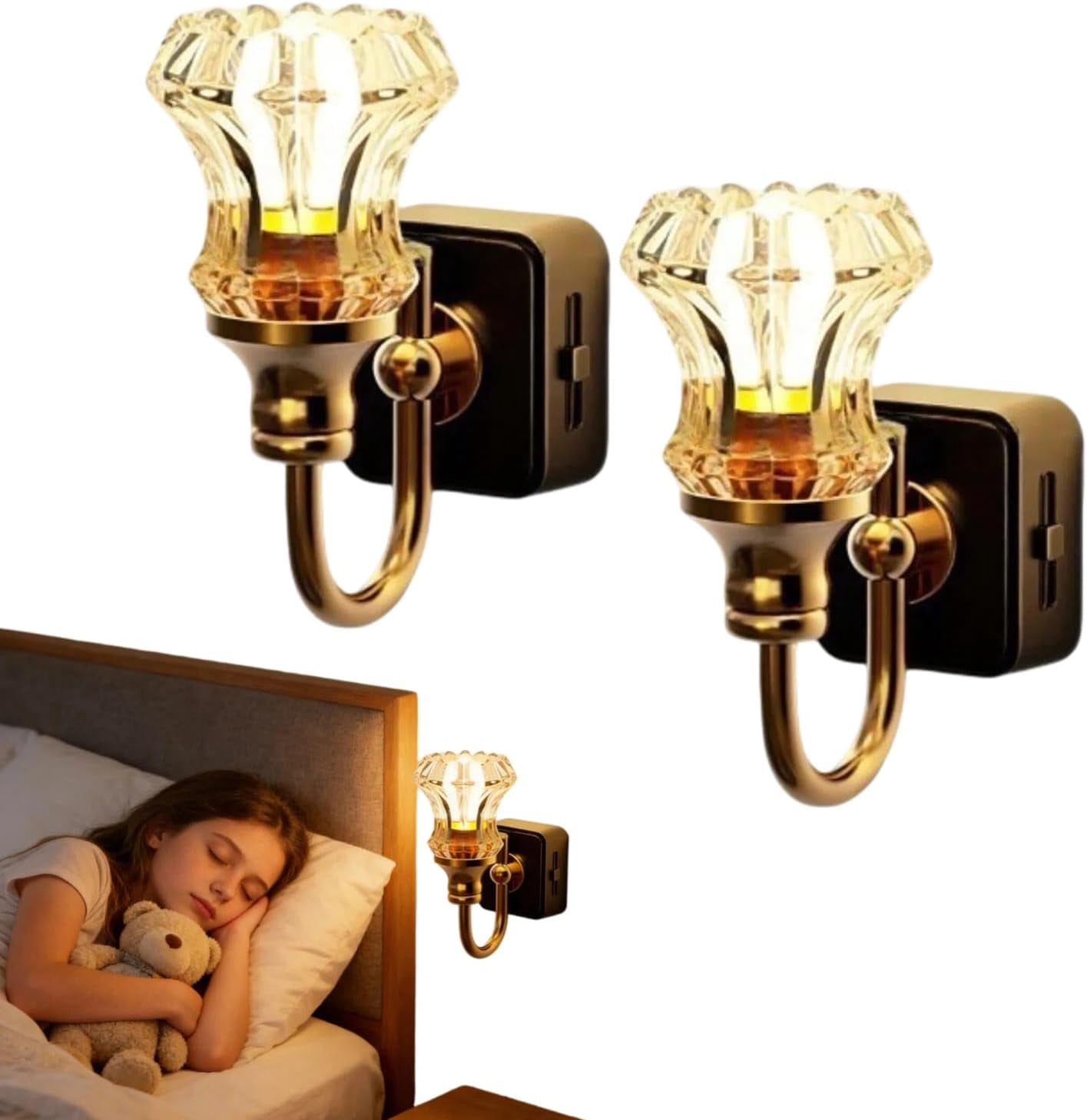 Flower Candle LED Plug in Night Light,Vintage Night Lights Plug Into Wall,Warm Lamp Walls Nightlight for Home Bedroom Hallway Stairway Decor (Gold-2PC)