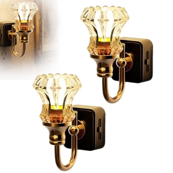 Flower Candle LED Vintage Plug in Night Light - Retro Decorative Plug Into Wall Nightlight, Warm Soft Night Lamp for Bedroom, Bathroom, Hallway & Indoor Home Decoration (Gold-2pcs)