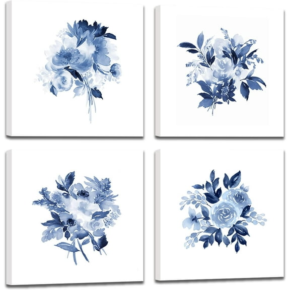 Flower Canvas Prints Wall Art for Living Room Wall Decor, Blue Watercolor Floral Pictures Ready to Hang Bedroom Bathroom Decoration 13.5"x13.5"x 4 Panels