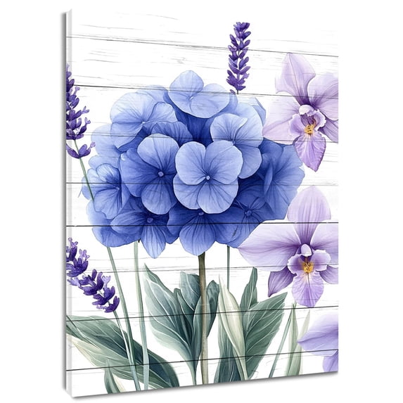 Flower Canvas Wall Art Blue Purple Watercolor Flower Green Plant White Wooden Board Painting Prints Posters Living Room Decor Romantic Modern Home Art Bedroom Bathroom Office Wall Decor,8x10 Inches