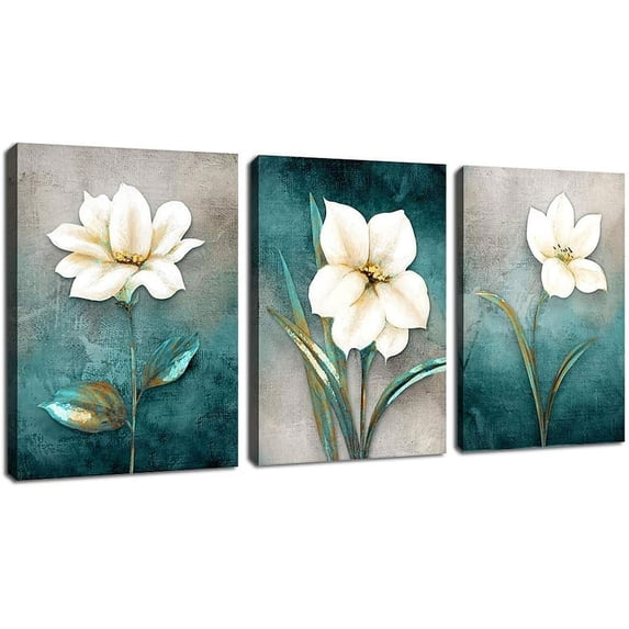 Flower Canvas Wall Art Cream White Floral Wall Decor Turquoise Tealish Grey Background Canvas Picture Modern Rustic Artwork Bathroom Bedroom Living Room Home Office Decoration 12" x 16" x 3 Pieces