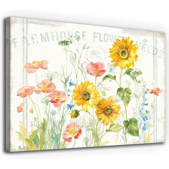 Flower Canvas Wall Art Farmhouse Flower Reeds Canvas Pictures Rustic Yellow Pink Blue Floral Blossom Canvas Painting Vintage Botanical Artwork for Living Room Bedroom Home Office Wall Decor 16" X 12"