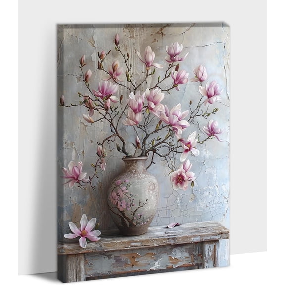 Flower Canvas Wall Art, Farmhouse Pink Flower Bathroom Wall Decor, Rustic Farmhouse Floral Picture Prints for Bedroom Kitchen Decoration, Framed Country Flower Wall Artwork Poster Painting 12x18 Inch