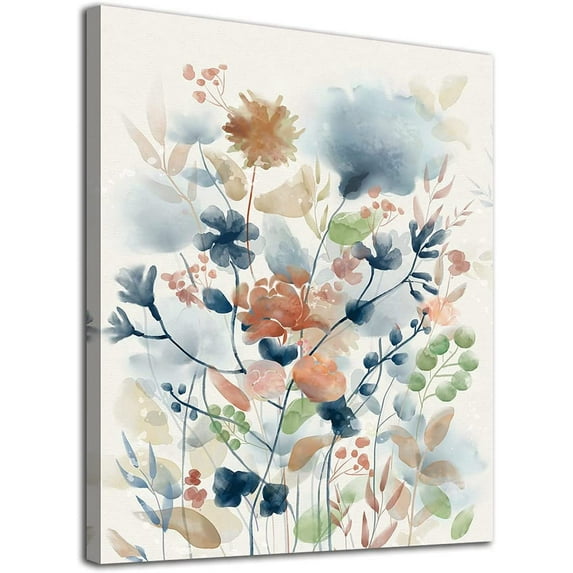 Flower Canvas Wall Art Indigo Floral Canvas Pictures Print for Bedroom Living Room Bathroom Wall Decor Watercolor Green Botanic Painting Artwork Wall Decoraion Framed Ready to Hang 12" X 16"