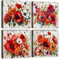 thumbnail image 1 of Flower Canvas Wall Art Red Orange Wall Decor Rustic Farmhouse Floral Posters for Kitchen Dinner Room Home Decorations Spring Blooming Poppies Pictures Wildflower Painting Framed Artwork 16x16 4 Pcs, 1 of 6