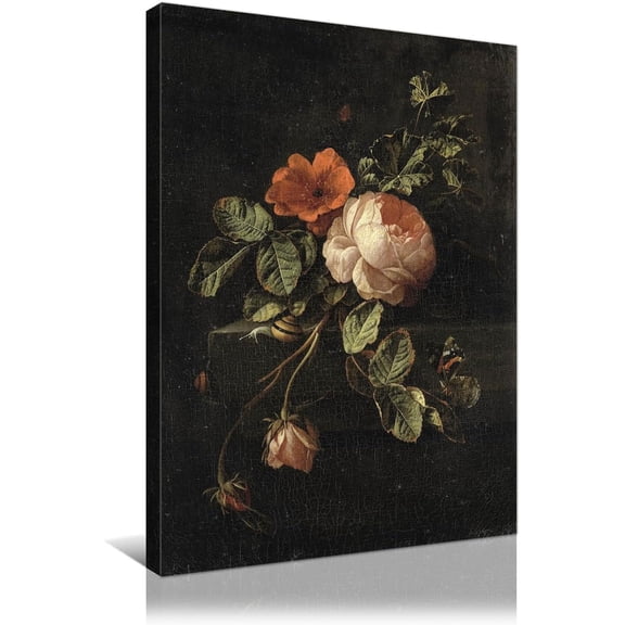 Flower Canvas Wall Art Vintage Room Decor Blooming Roses Floral on Black Background Paintings Framed Prints for Living Room Office Kitchen Bathroom Decor 12x16in