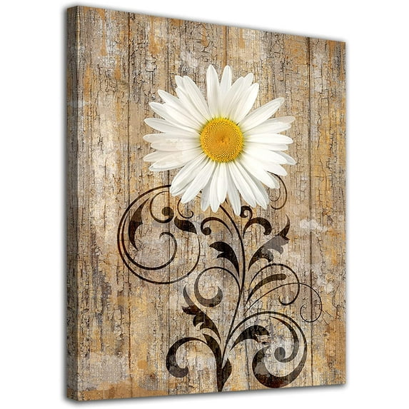 Flower Canvas Wall Art White Daisy Canvas Picture Farmhouse Wall Decor Vintage Brown Botanical Prints Canvas Artwork for Bathroom Living Room Bedroom Home Decor Framed Ready to Hang 12"x16"