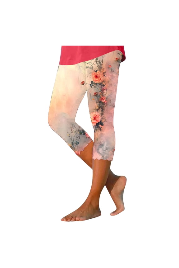 Flower Capris Leggings for Women, High Waisted Leggings Stretchy Athletic Gym Tights Workout Cropped Yoga Pants Multicolor S