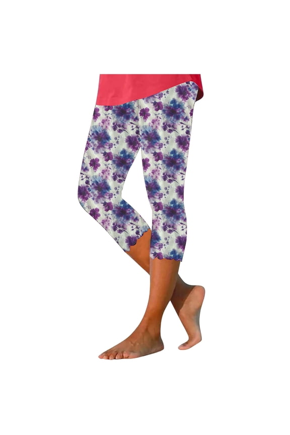 Flower Capris Leggings for Women,Summer High Waisted Stretch Running Yoga Legging Silm Fitting Comfy Cropped Tights Pants Multicolor S