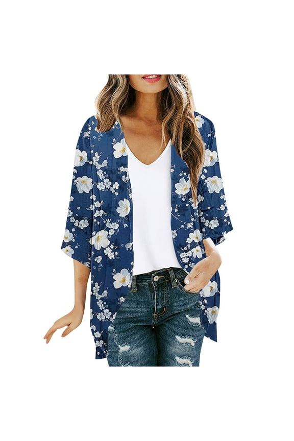 Flower Cardigan Women's Floral Print 3/4 Sleeve Kimonos Cardigan Loose Cover up Casual Capes Blouse Tops Thin Cardigans for Lady Lightweight Multicolor M