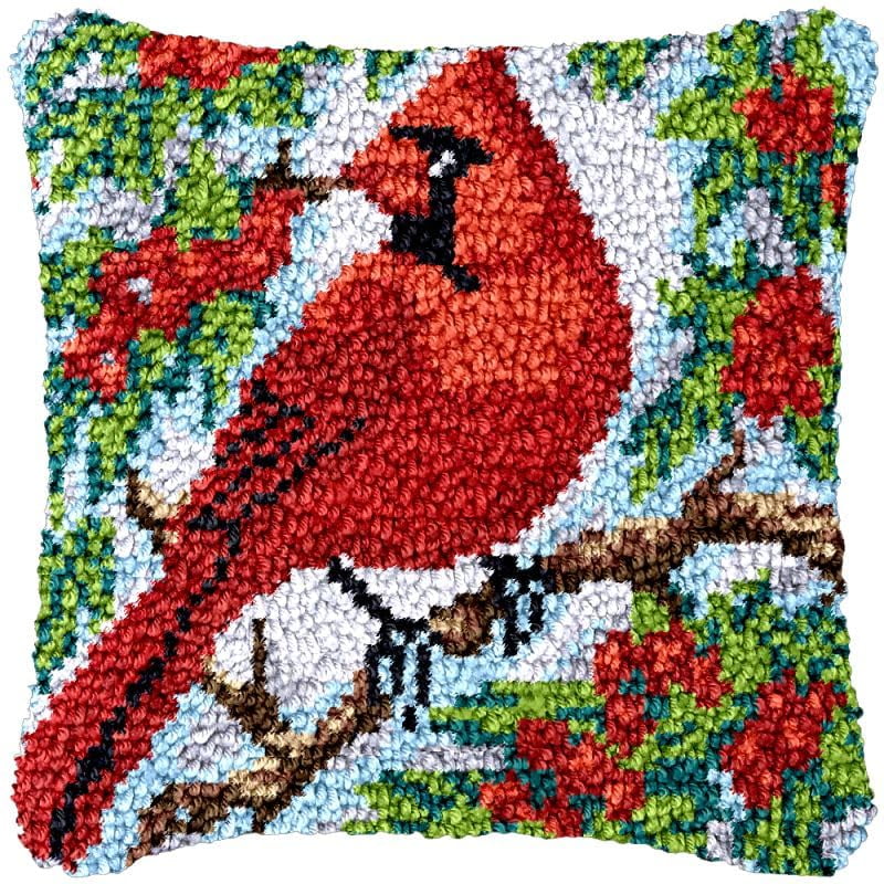 Flower Cardinal Bird Latch Hook Pillow Cover Kits for DIY Cushion Cross Stitch Crochet Hooking Latch Hook Pillowcase Rug Kits with Preprinted Canvas Crochet Yarn Kits Needlework Crafts 17'' X 17''
