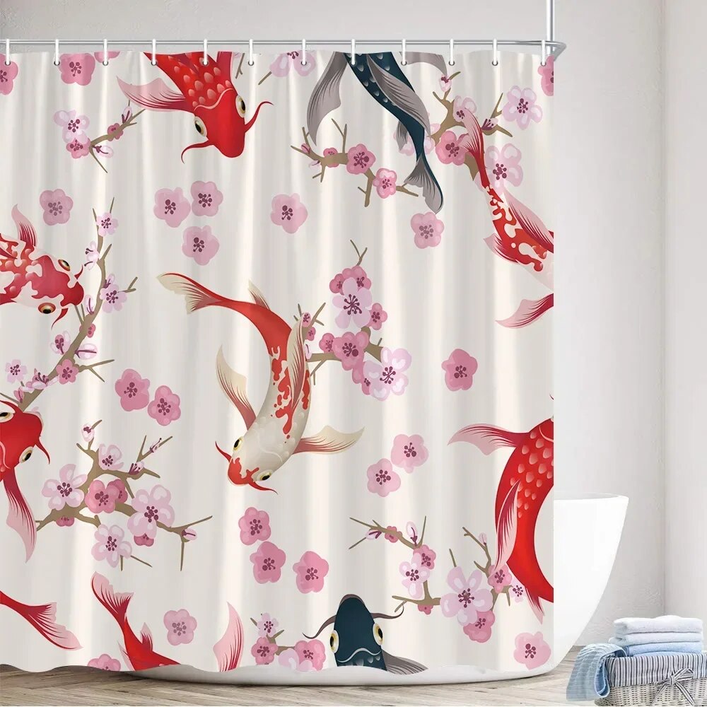 Flower Carp Shower Curtains Bird Red Floral Koi Fish Ink Plants