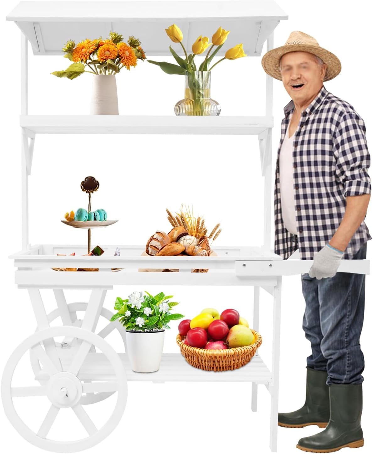 Flower Cart Display Stand with 2 Wheels, Wooden 3 Layers Rolling Table ...