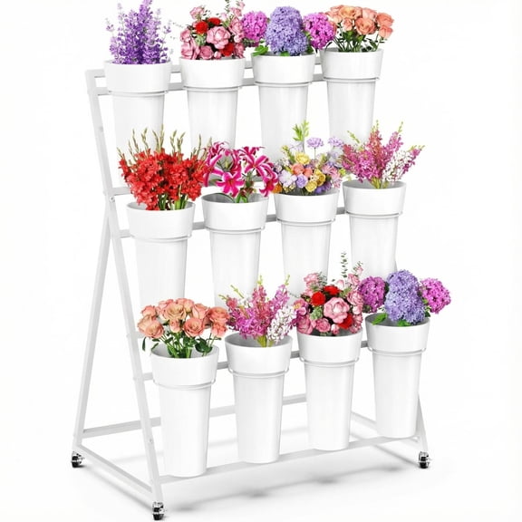 Flower Cart Display Stand 3-Tier with 12 Buckets & Wheels, Heavy Duty Metal Plant Shelf, Movable Flower Bar for Wedding Indoor Outdoor Display, White