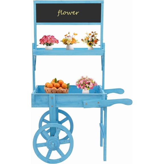 Flower Cart Display Stand with Blackboard, Candy Cart Stand with Wheels, 2 Tier Large Country Market Rolling Table Carts for Display Flower Crafted Items (Blue)