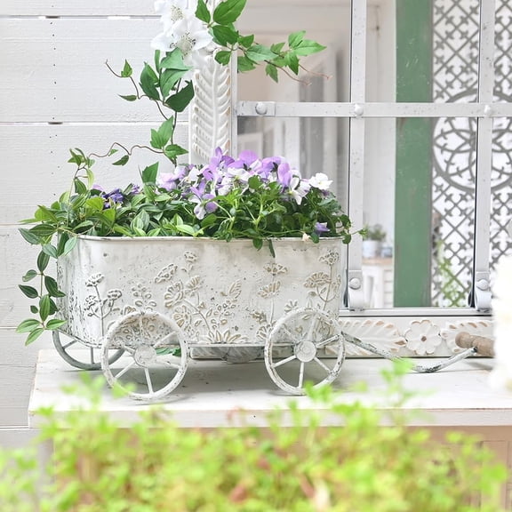 Flower Cart with Wooden Handles, Metal Wagon Planters for Outdoor Plants, Garden Planter with Wagon Wheels, Decorative Wheelbarrow, Plant Cart for Garden Balcony (White)