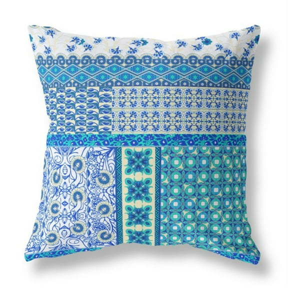 Flower Castle Patchwork Indoor/Outdoor Pillow with Removable Cover in White Blue 26x26