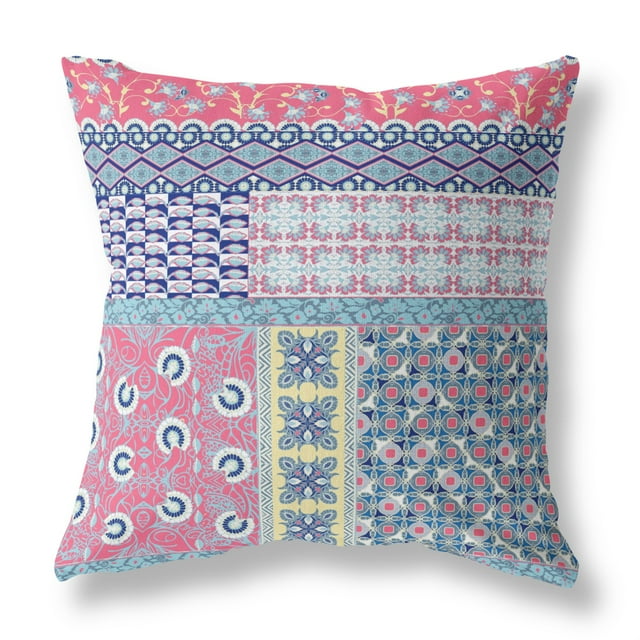 Flower Castle Patchwork Suede Zippered Pillow w Insert by Amrita Sen in Pink and Teal