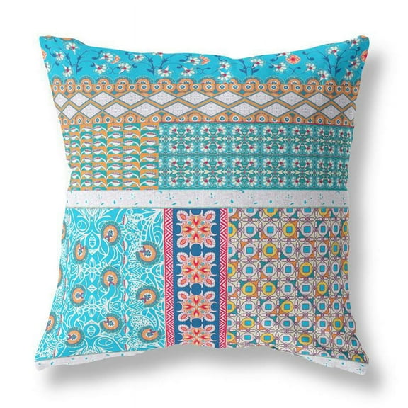 Flower Castle Patchwork Throw Pillow in Turquoise and White 16x16