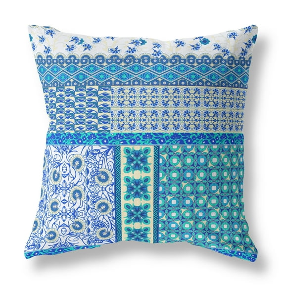 Flower Castle Patchwork Faux Suede Fabric Throw Pillow in White and Blue 20x20