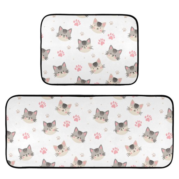 Flower Cat Footprint Pattern Kitchen Mat 2 Piece Non Slip Absorbent carpet Floor Mat 19.7x27.6in+19.7x47.2in