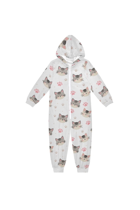 Flower Cat Footprint Pattern One Piece Pajamas Soft Jumpsuit Cozy Sleep and Play Romper Zipper and Pockets 4T