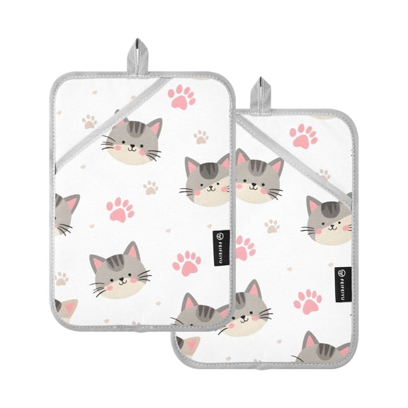 Flower Cat Footprint Pattern Pot Holder Set 2 Piece Non-Slip Oven Hot Pads Heat Resistant Durable 7x9.8in