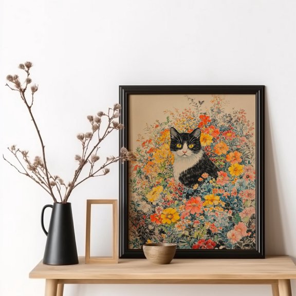 Flower Cat Painting Poster Cat In Flowers Art Vintage Botanical Cat Poster Cozy Wall Art Floral Cat Artwork Watercolor Style Cat Artwork