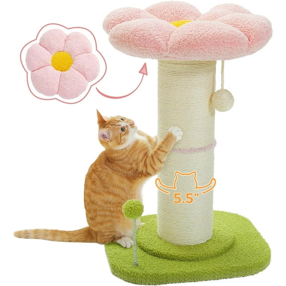 Flower Cat Scratching Post, Small Cat Tree, Scratcher for Indoor Cats with Super Thick Scratching Post [Dia=5.5''], Removable Flower Bed, Cat Scratch Post with Spring Ball, Pink