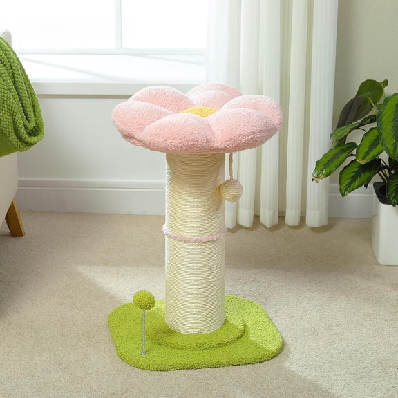 Flower Cat Scratching Post, Small Cat Tree, Scratcher for Indoor Cats with Super Thick Scratching Post [Dia=5.5''], Removable Flower Bed, Cat Scratch Post with Spring Ball, Pink