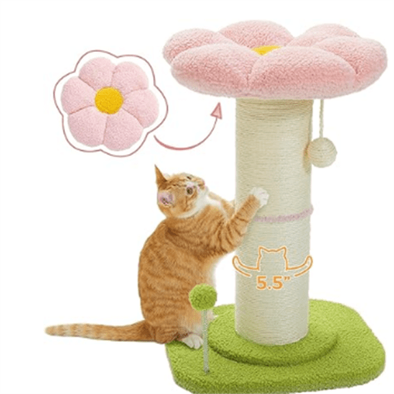 Flower Cat Scratching Post, Small Cat Tree, Scratcher for Indoor Cats with Super Thick Scratching Post [Dia=5.5''], Removable Flower Bed, Cat Scratch Post with Spring Ball, Pink