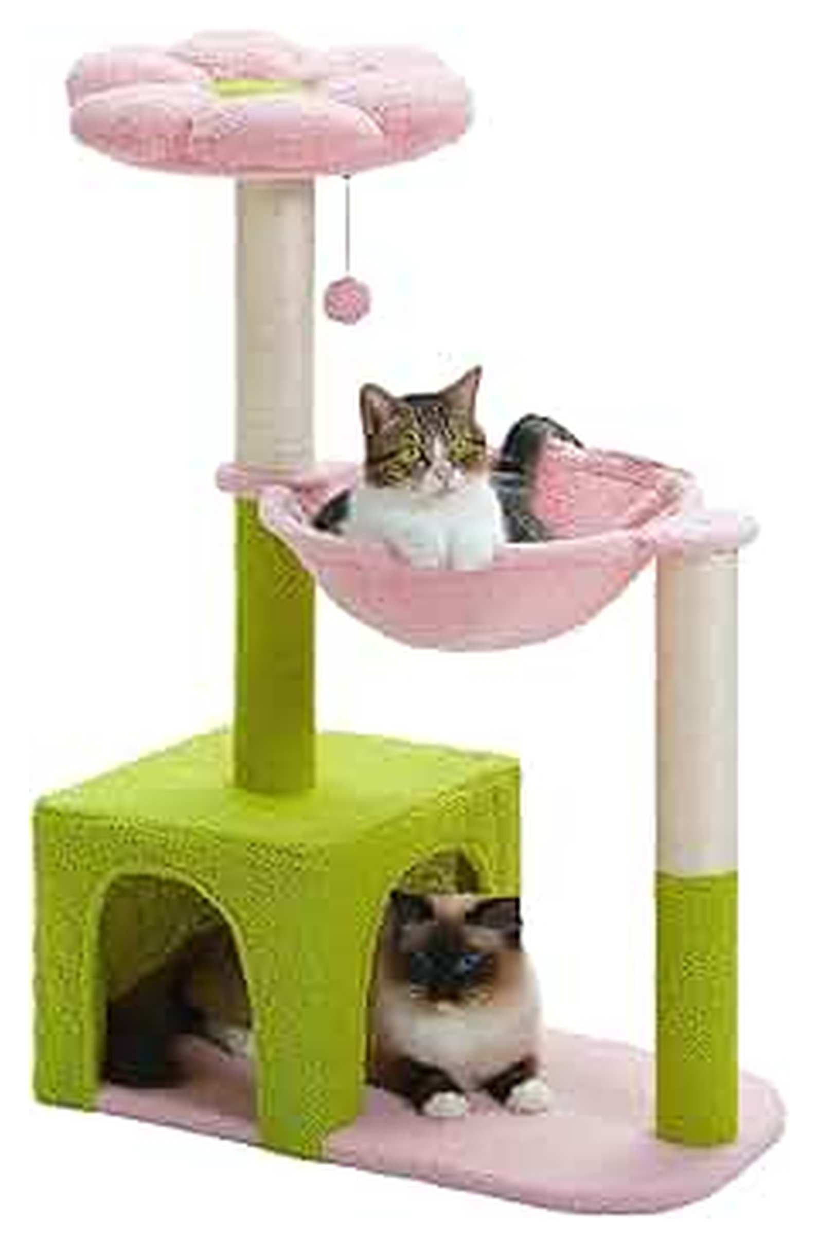 Flower Cat Tree 36.6", Pink Cat Tower with Scratching Posts, Hammock & Condo for Kittens - Large Indoor Cat Tree with Perch & Fluffy Ball