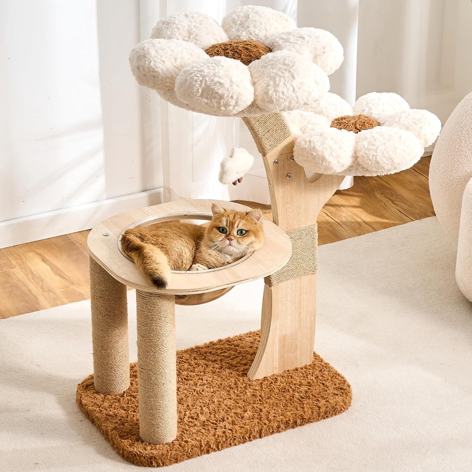 Flower Cat Tree 36 Inch Wood Design Scratching Post Space Capsule