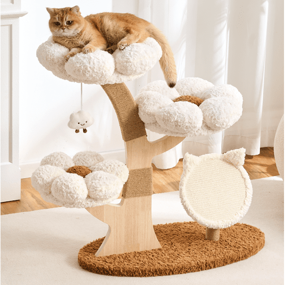 Flower Cat Tree, 37" Wood Branch Cat Tower, Cloud Cat Tree with Scratching Post for Indoor Adult Cats, Luxury Cat Tree with Cat Scratch Pad & Interactive Squeaky Hanging Toy