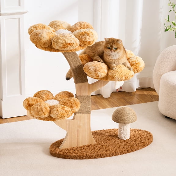 Flower Cat Tree, 37" Wood Branch Cat Tower, Pink Cloud Cat Tree with Scratching Post for Indoor Adult Cats, Luxury Cat Tree with Mushroom Cat Scratcher & Interactive Squeaky Toy