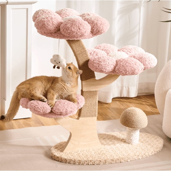 Flower Cat Tree, 37" Wood Branch Cat Tower, Pink Cloud Cat Tree with Scratching Post for Indoor Adult Cats, Luxury Cat Tree with Mushroom Cat Scratcher & Interactive Squeaky Toy