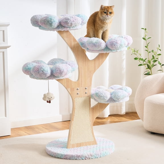 Flower Cat Tree, 48" Wood Branch Cat Tower, White Cloud Cat Tree with Scratching Post for Indoor Adult Cats, Luxury Cat Tree with Cozy Perches & Interactive Squeaky Hanging Toy